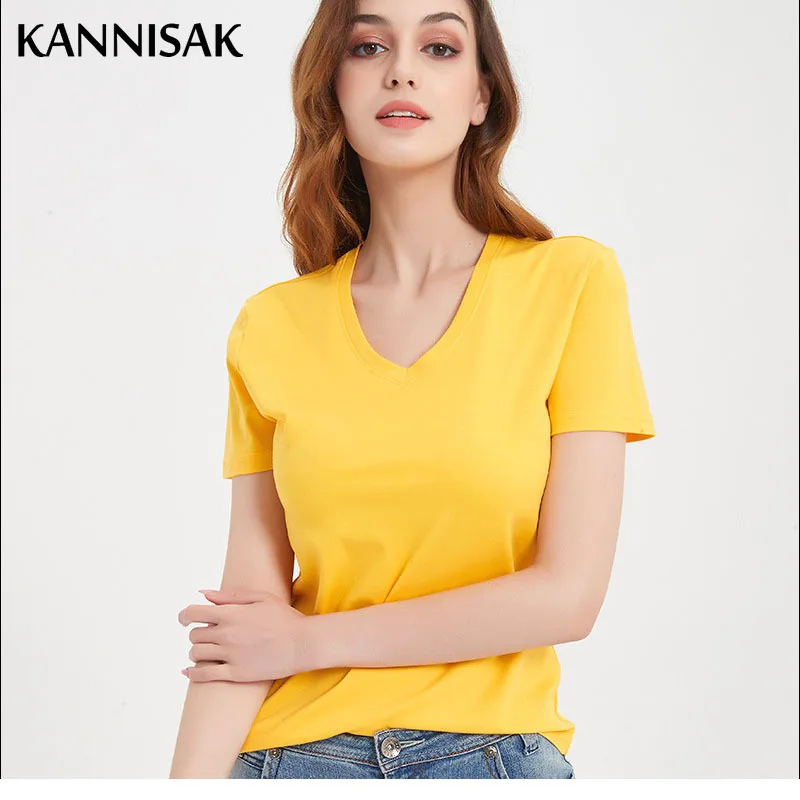 Summer Tops Womens T-shirts V-neck Solid 100% Cotton Yellow Female Tees Top Short Sleeve Casual Ladies T Shirt 2022 Tops Tshirt