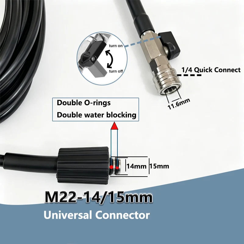 Pressure Washer No Kinking Hose with M22-14&15mm Universal Connector and 1/4 Quick Connect Valve 4 Multiple Degrees Nozzles