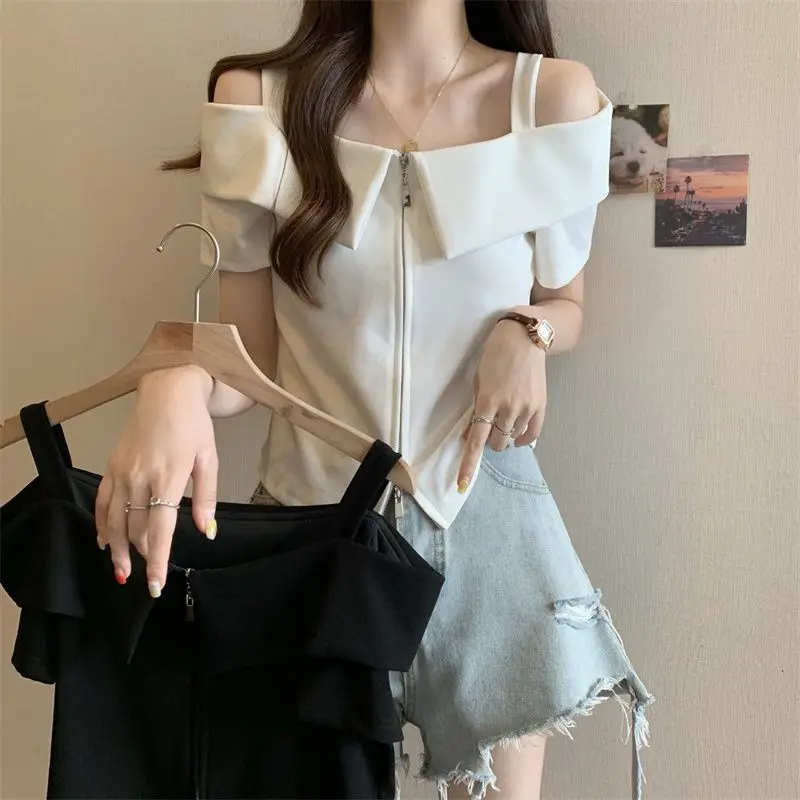 

Fashion Double Zipper Suspender One-shoulder T-shirt for Women 2025 Summer New Off-shoulder Short-sleeved Top