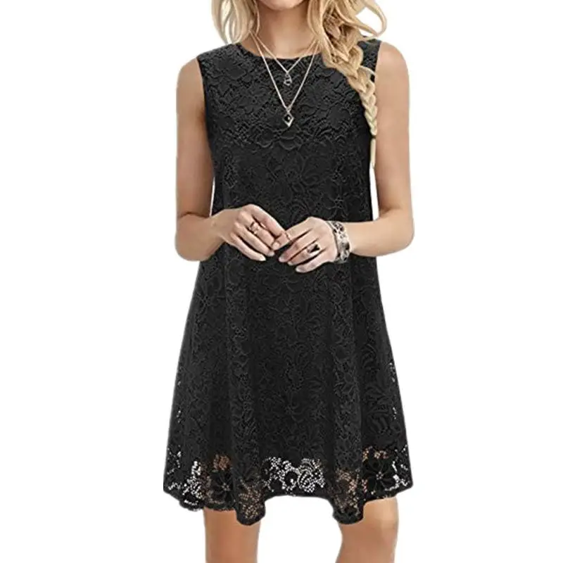 여성용 스웨이드 레이스 드레스 캐주얼 슬레 미드 웨이스트 A라인 스커트 폴리에스터 원단 라운드 넥 여름 패션 기본 모델
