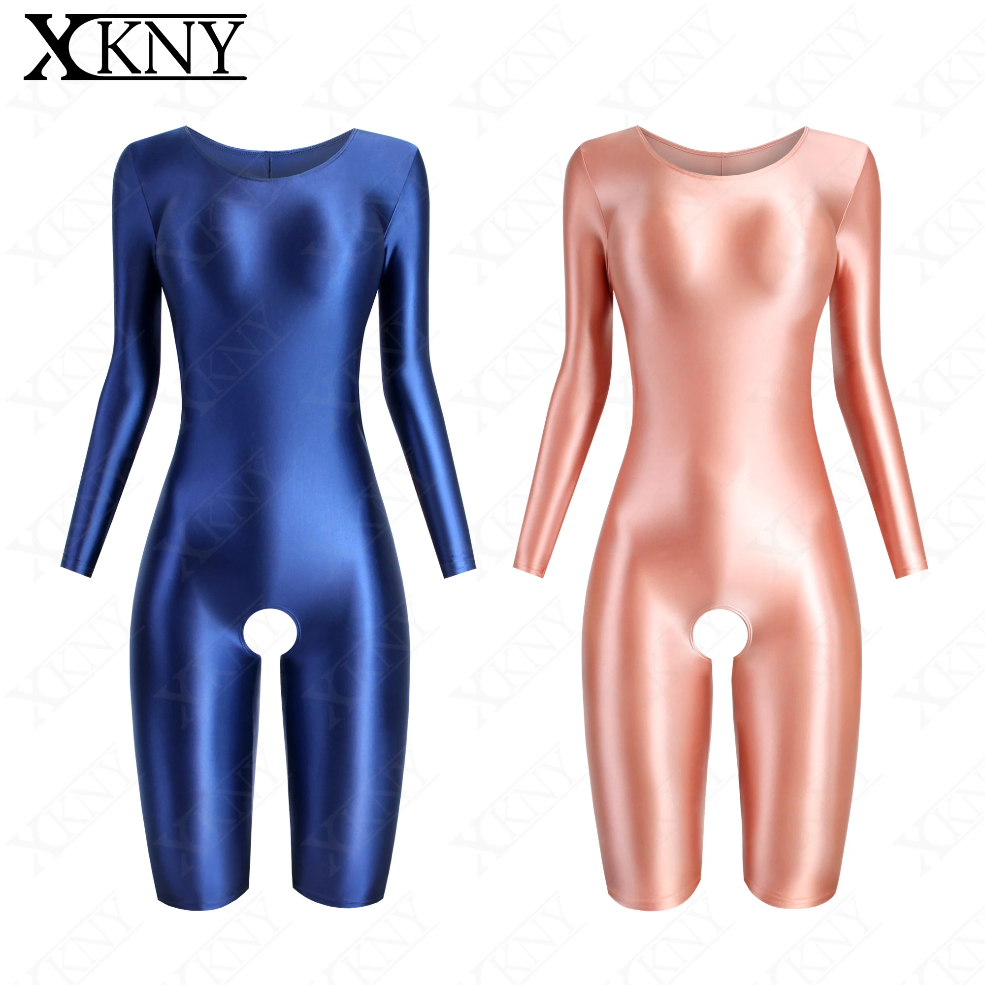 

XCKNY satin glossy tights oily silky round neck Open crotch suit Yoga Leotards long sleeved short pants tights unisex swimsusuit