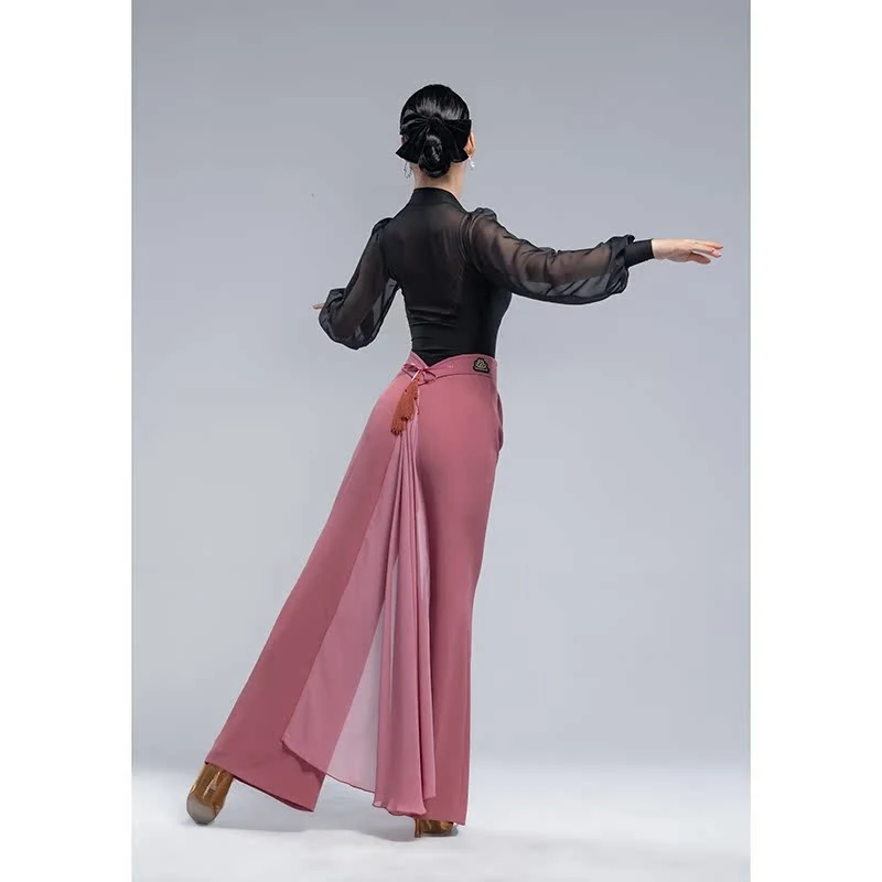 2025 Costumes de danse latine pantalons d'entraînement bleu taille haute maille Patchwork pantalon fluide Chacha Tango Samba vêtements de danse DQL10947