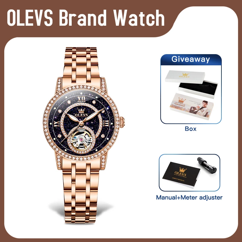 OLEVS 7036 Women Watch Original Fashion Mechanical Watchs Waterproof Luminous Reloj Inlaid Zircon Dial Starry Dial Ladies Watch