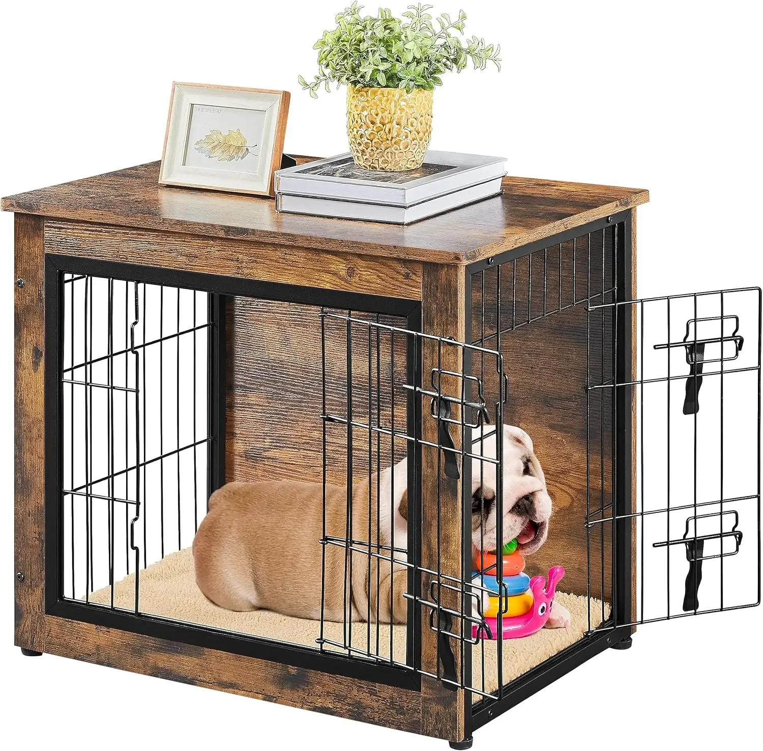 

27.5'' Dog Crate Furniture with Cushion Wooden Dog Crate with Double Doors/Adjustable Feet Side End Table for Small/Medium Dogs,