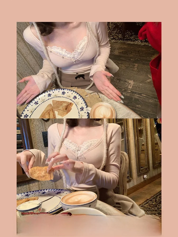 

DOGGYQIN Long Sve T-irt Women's Slim Fit Inner Wear Top Lace Trim Material Spring Autumn Season V-Ne Design