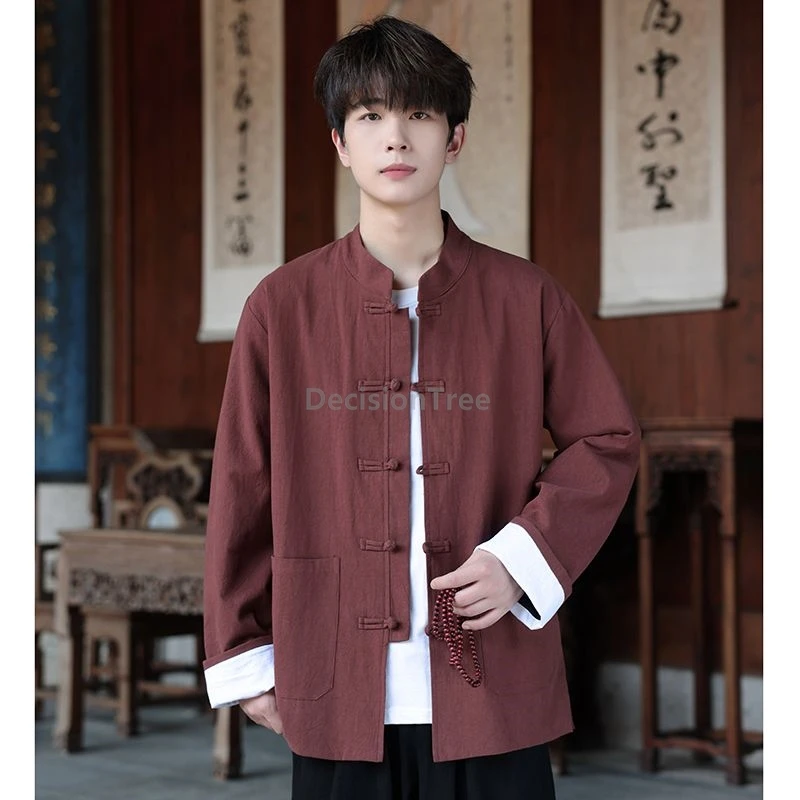 

Осень 2021, новый мужской костюм Тан, пальто, винтажное элегантное универсальное пальто, повседневная повседневная куртка в китайском стиле с воротником-стойкой и пряжкой