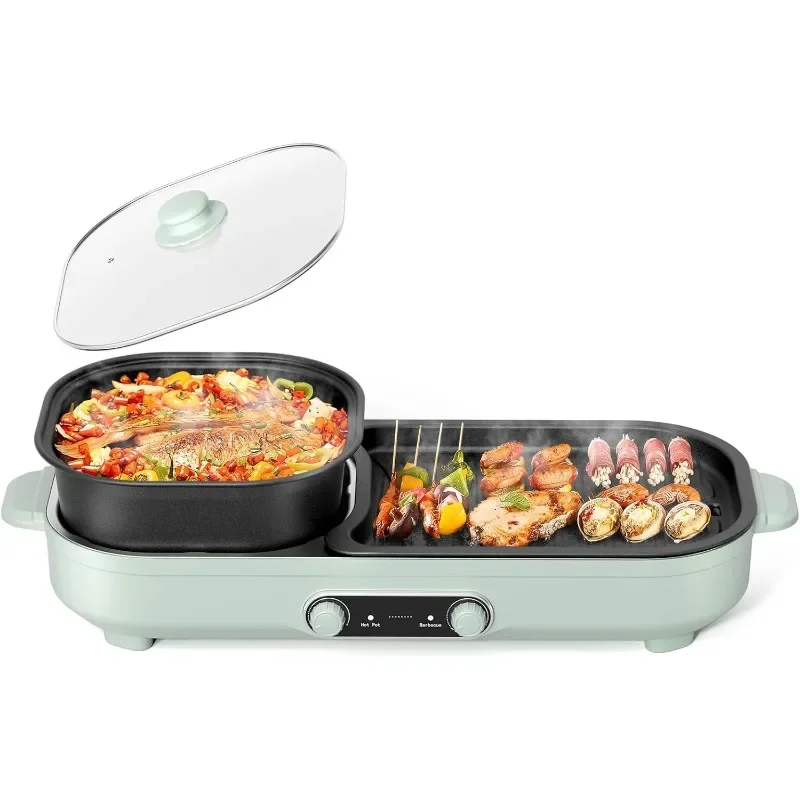 

Electric Hot Pot with Grill, 2 In 1 Indoor Non-Stick Barbecue Shabu Hot Pot with Dual Temperature Control, Detachable Hot Pot