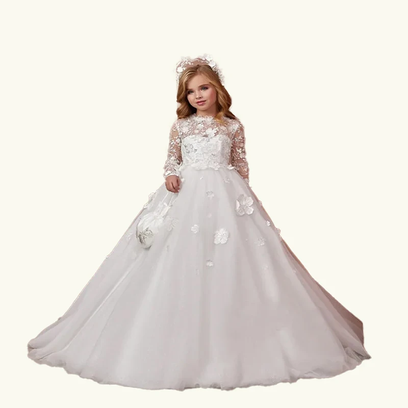 

Ivory color Flower Girl dress tulle long leeve Lace appliques kids formal occasion bespoke legant luxury princess wedding gown