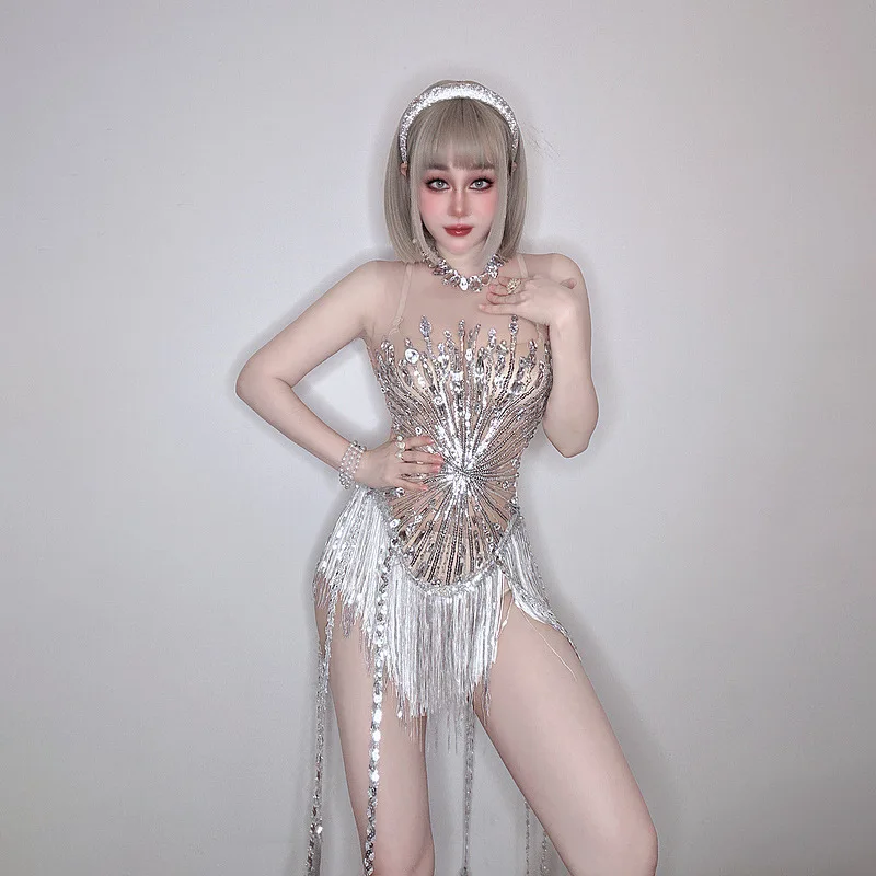 

Large Area Sequined Tassel Rhinestones Long Braids Mesh Shiny Sexy Party Nightclub Dance Suit Woman Chic And Sweet Evening Dress