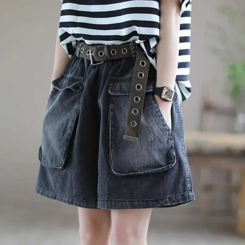 

Women's Elastic Waist Sashes Solid Denim Shorts New Korean Casual Fashion All-match Loose Pockets Wide Leg Trouser Skirts Z809