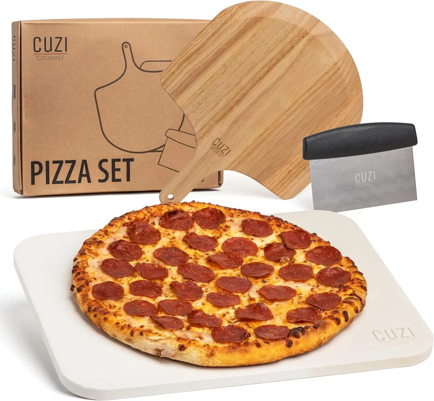 

3-Piece Pizza Stone Set - Thermal Shock Resistant Cordierite Stone, Wood Peel & Cutter for Grill and Oven