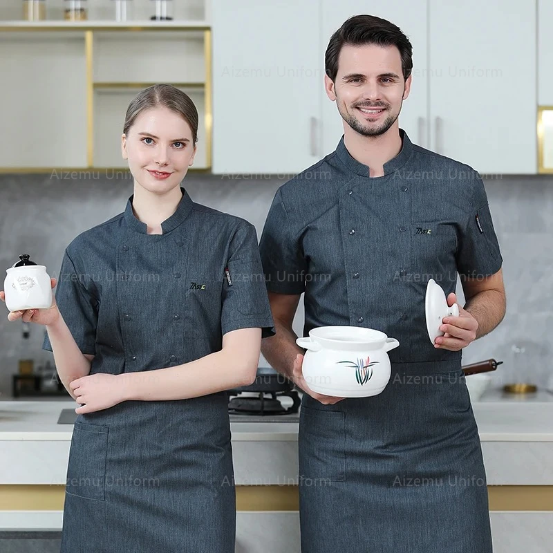 Men black Chef Jacket Summer Chef Coat Short Sleeve Apron Restaurant Head Chef Uniform Hotel Kitchen Cooking Clothes womenCustom