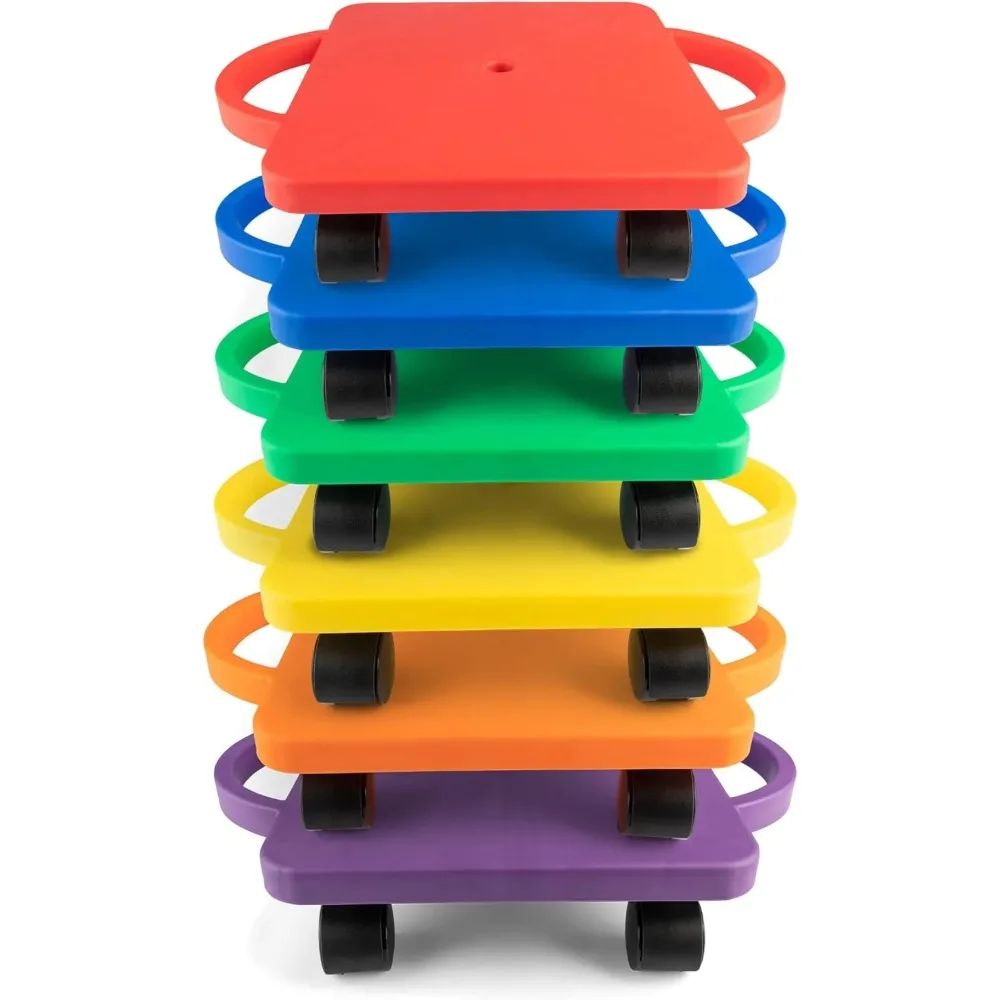 Scooter Board with Handles, Set of 6, Wide 12 x 12 Base - Multi-Colored, Fun Sports Scooters with Non-Marring Plastic Casters