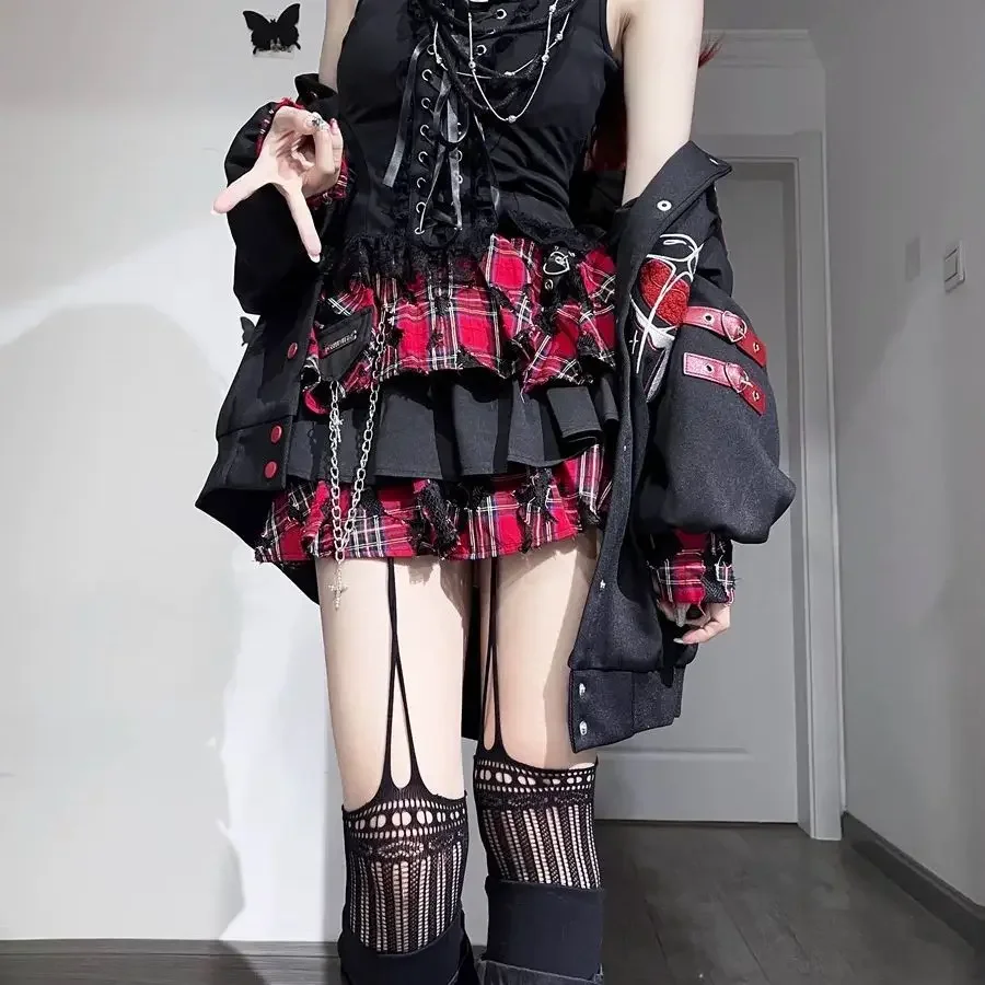 2026 novo japonês harajuku y2k saia subcultura gótico irregular vermelho xadrez mini plissado bolo saia feminina punk a linha saia curta