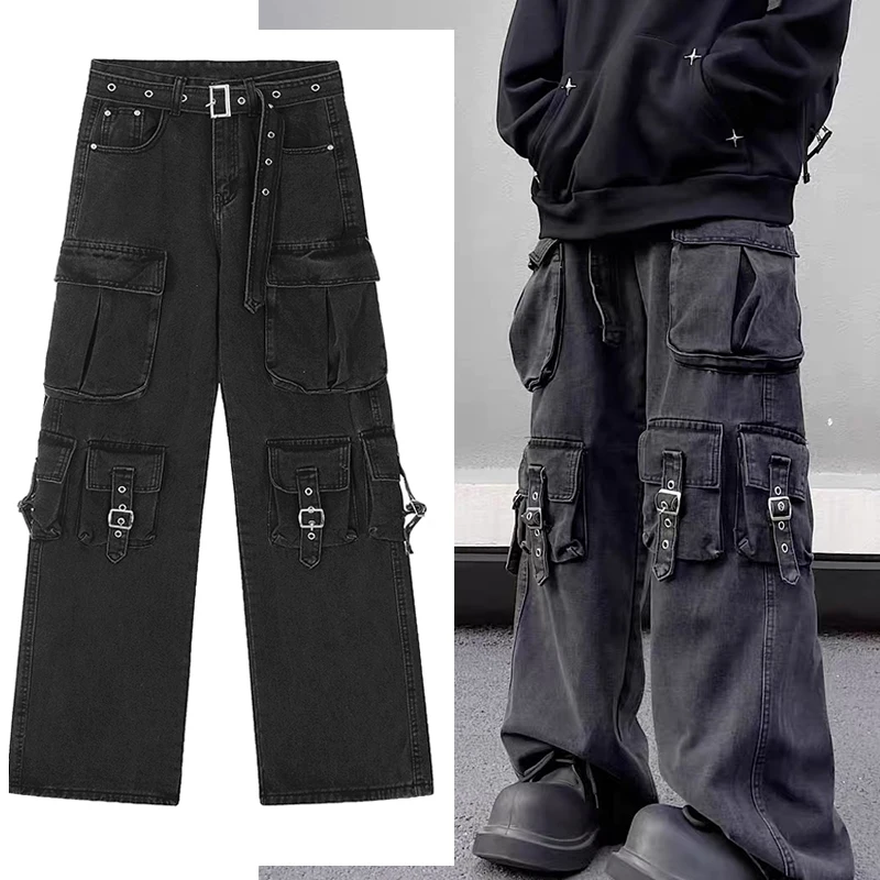 Harajuku Multi-Pocket Functional Loose Jeans Men's Y2K Oversized Streetwear Rock Punk Gothic Crock Wide Leg Pants Women Grunge