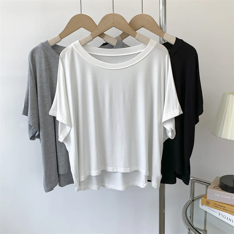 Modalny okrągły dekolt Ne ort Sve Top Damski Cienki Letni Top z Wysokim Stanem Casualowy Luźny Krój Mieszanka Bawełny Podstawowy Kolor