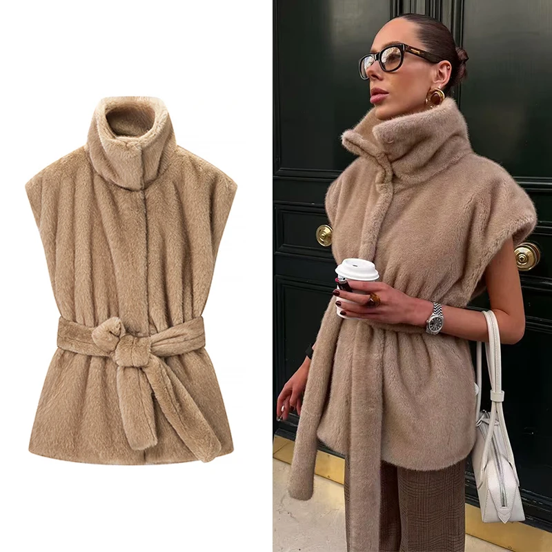 

Winter Thick Sleeveless Faux Fur Vest Coat Stand Up Collar Warm Jacket With Belt 2026 Fashion Female New Wasitcoat Top ﻿