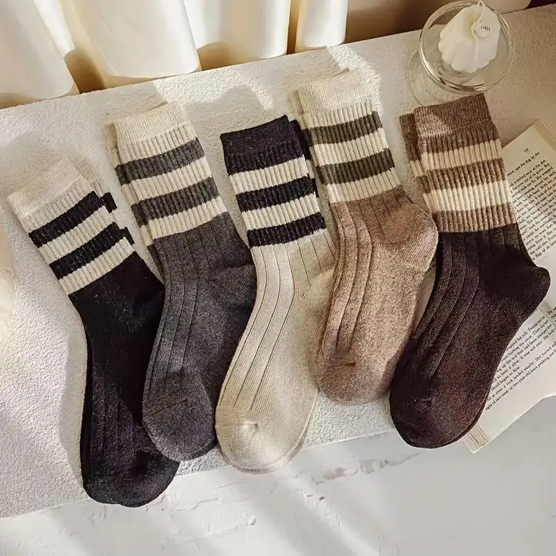 5 Pairs Striped Print Socks, Comfy & Soft Mid Tube Socks, Women\'s Stockings & Hosiery