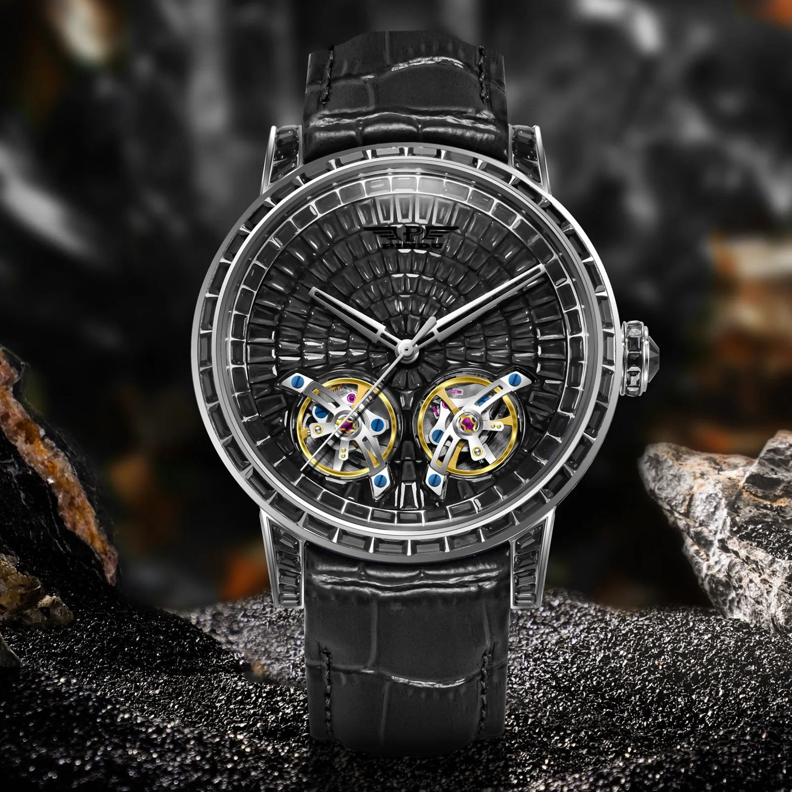 PINDU Brand Design New Diamond Mechanical Watch Men Top Luxury Double Flying Wheel Watch Sapphire Glass Waterproof Watch Leather