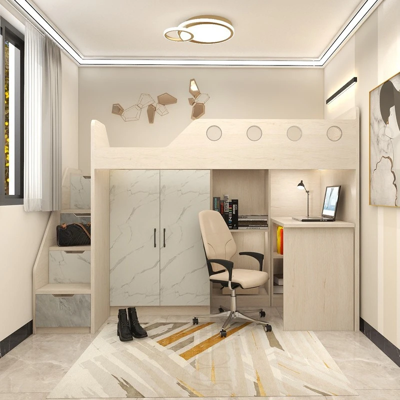 Small Apartment on The Bed and Under  Storage,   Integrated with Bookshelf, High Low Bed Multi-functional Wardrobe Combination