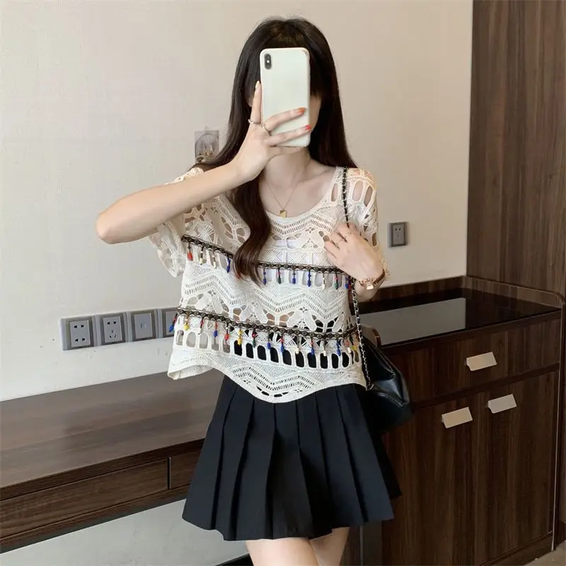 2025 Summer Women's New Boho Tassel Hollow Out T Shirt Sling Mini Pleated Skirts 1 or 3 Piece Set Lady Short Tops Skirt Suits