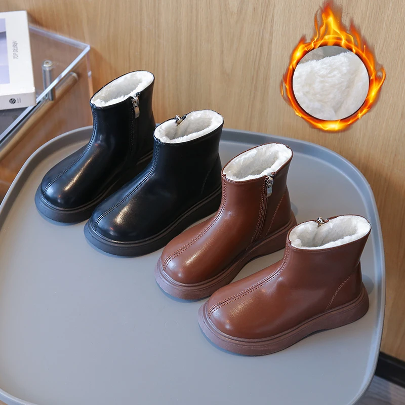 Children's Fashion Short Boots Padded Thickened winter Boys Girls Cotton Shoes Winter Brown Soft Non-slip Kids Leather Boots