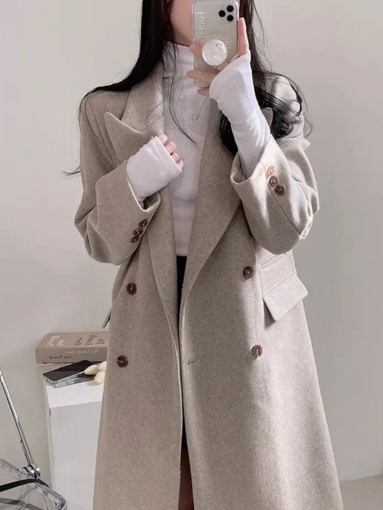 

Ele осенне-зимнее шерстяное пальто, женское двубортное пальто средней длины с воротником, роскошная модная верхняя одежда до колена