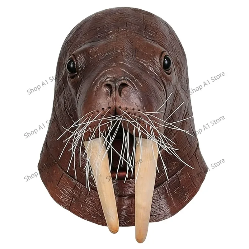 Walrus Tusk Mask Latex Full Head Mask, Animal Headgear, Funny Cosplay Prop for Halloween Ocean Theme Party