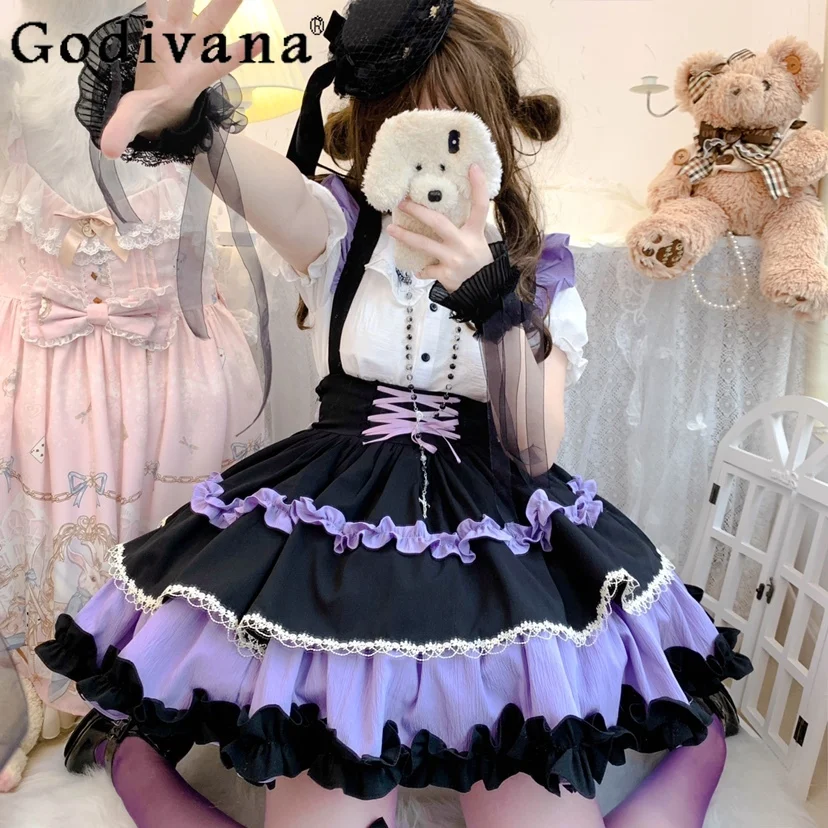 Japanese Kawaii Lolita Jsk Dress Women Gothic Y2k Bow Ruffle Suspender Skirt Punk High Waist Strap Skirts Lolita Cosplay Skirts