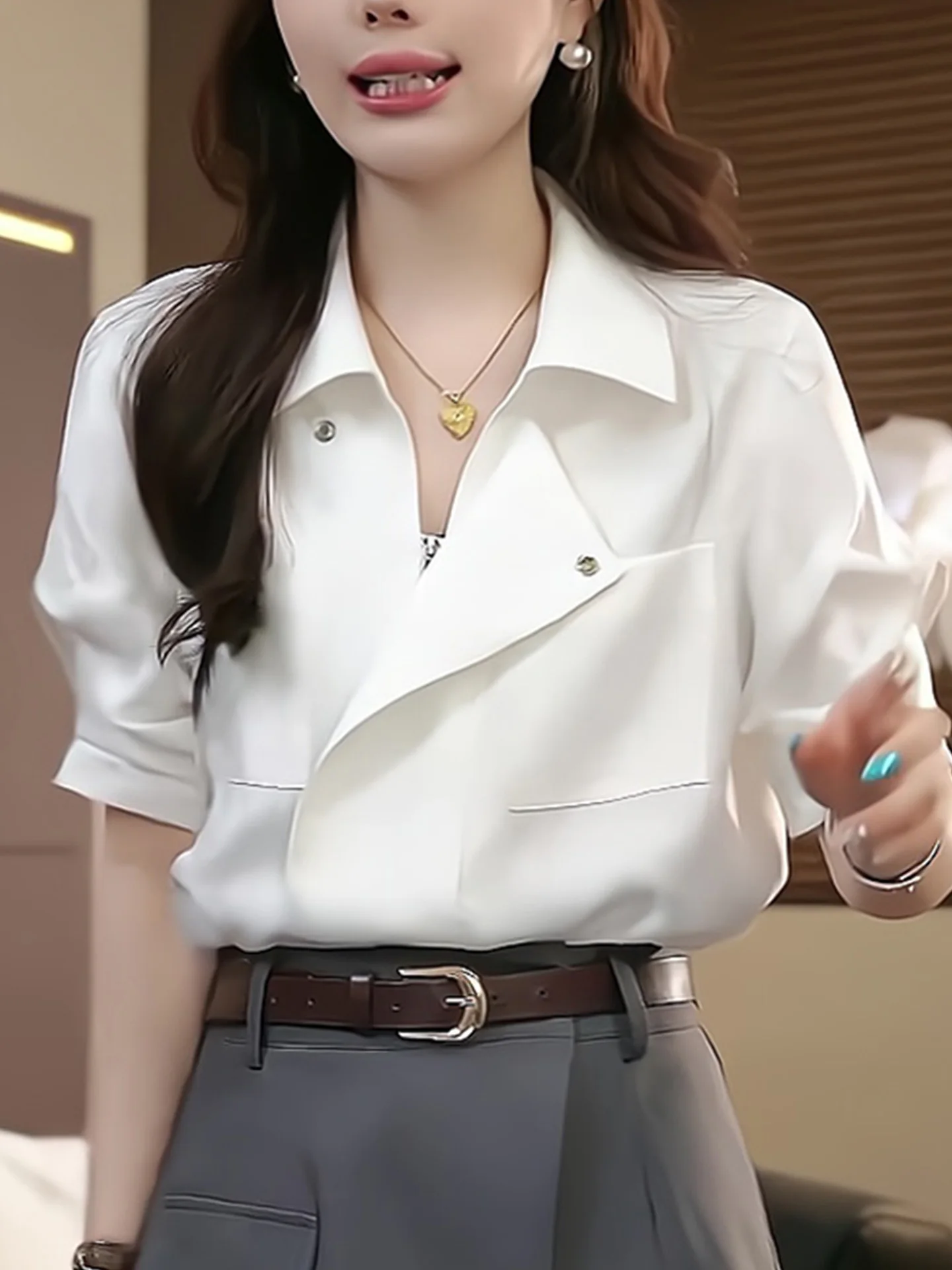 

Unique Zipper ort Sve irt Women's Pure Color Versatile Faionable Anti-Aging Summer 2025 Korean Sle Straight Cut Si...