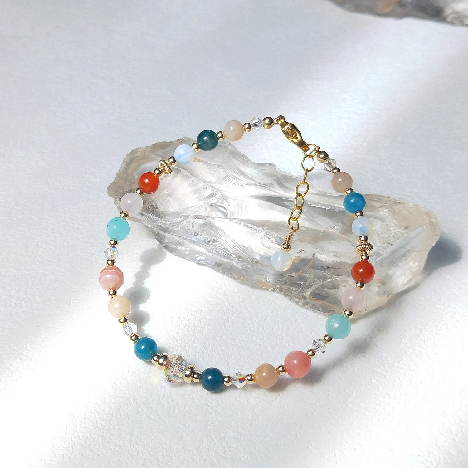 Lii Ji Natural Stone Apatite  Rhodochrosite Opalite Rose Quartz Amazonite Sunstone 4mm American 14K Gold Filled Bracelet