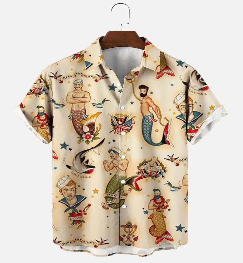 The Mermaid Man Hawaiian Shirt 3D Vintage Printed Hawaiian Shirt for Men and Women Casual Shirt Unisex