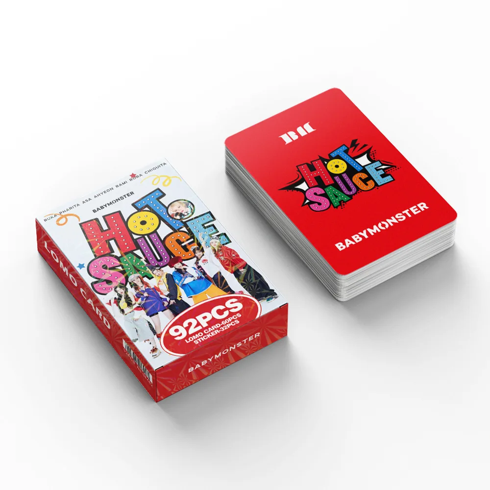 92PCS BABYMONSTER HOT SAUCE Album Photocards - RAMI RORA AHYEON RUKA Laser LOMO Cards With Stickers