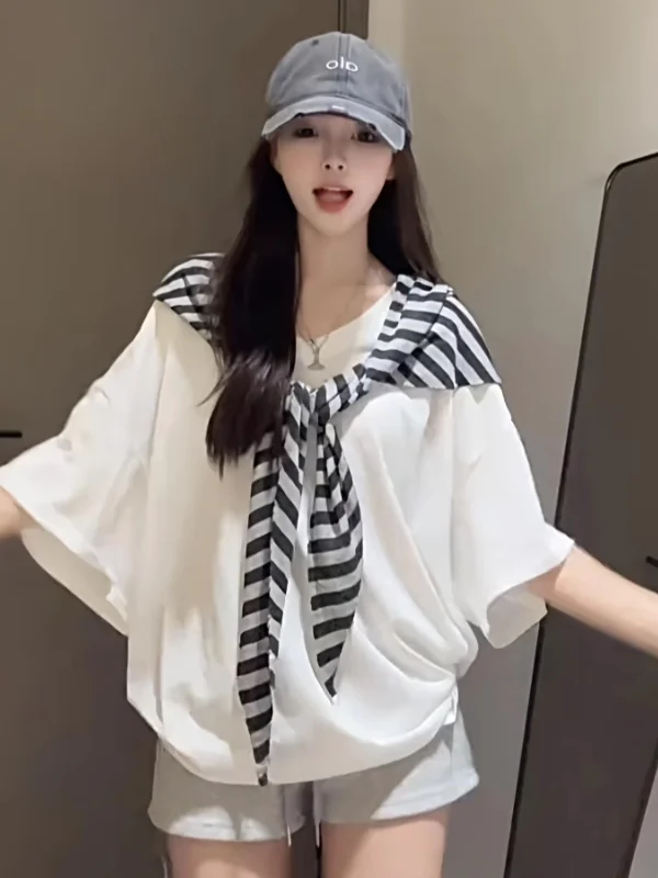 

Новый летний повседневный модный комплект из двух предметов для женщин больших размеров: полосатая футболка с V-образным вырезом и коротким рукавом, с эффектом омоложения