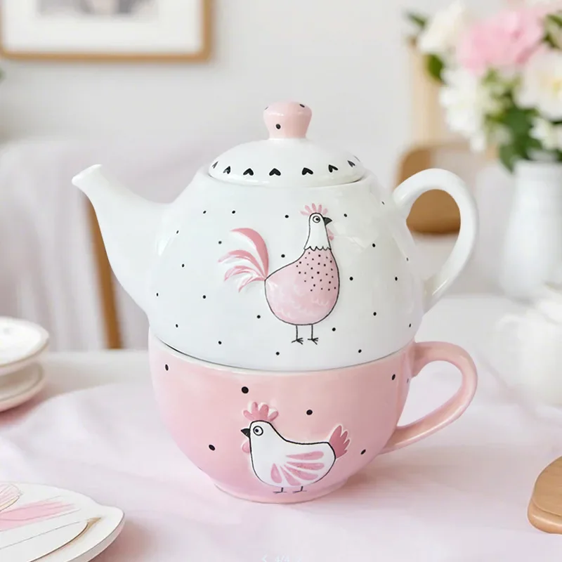 450ml Ceramic Tea For One Set, Black Cat Teapot Tea Cup Set, Pink Rooster Coffee Kettle Mug with Leak Hole