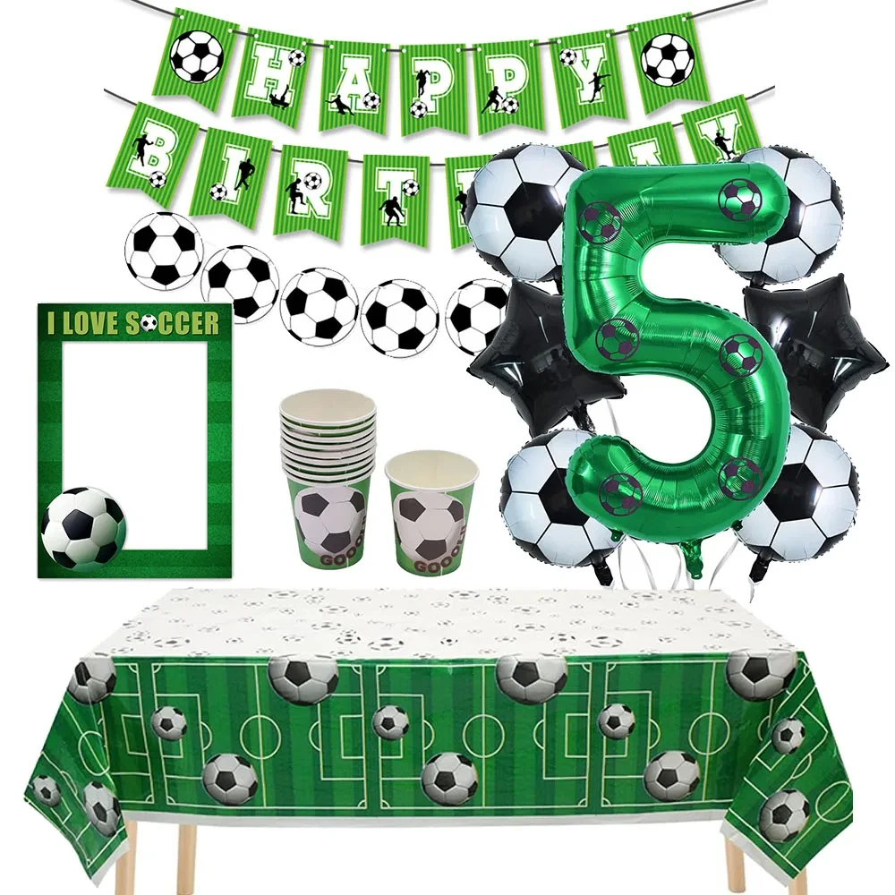 Fußball-Dekorationen zum 5. und 6. Geburtstag, Luftballons, Banner, Tischdecke, Tassen, Fußball, Sportthema, Partyzubehör zum 10. und 12. Geburtstag, Gastgeschenke – Detail 1