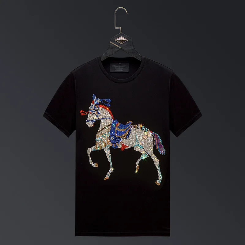 

2024 Graphic T Shirts Women Clothing Colorful Horse Rhinestones Fashion Streetwear O Neck Short Sleeve Womens Tshirts Big Sizes