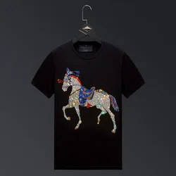 2024 Graphic T Shirts Women Clothing Colorful Horse Rhinestones Fashion Streetwear O Neck Short Sleeve Womens Tshirts Big Sizes