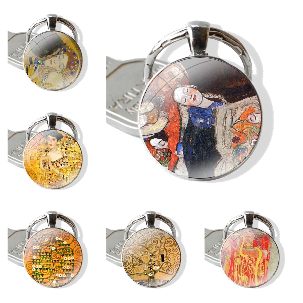 Keychain Handmade Glass Cabochon Key Ring Holder Pendant Key Chains Kiss by Gustav Klim Golden Tears Tree Boat Painting