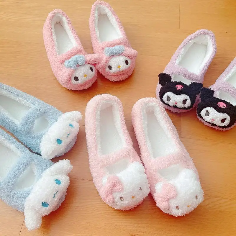 Cartoon Cute Kuromi Cinnamoroll Hellokts Indoor Floor Slippers Kawaii Anime My Melody Soft Winter Warm Plush Shoes Gift for Girl