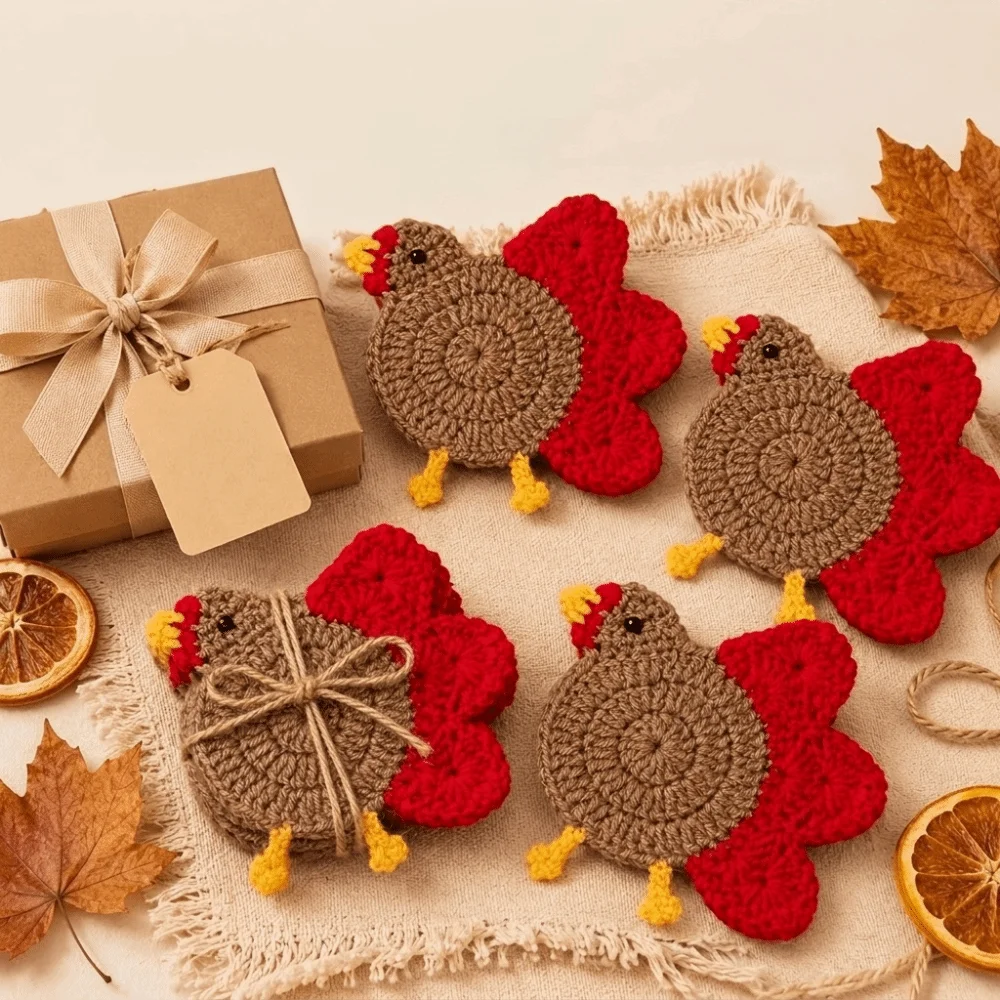 Coffee Cup Decor Handmade Hand-Crocheted Turkey Coasters Creative Funny Heat Insulation Pads Cartoon Knitted Coaster Farmhouse
