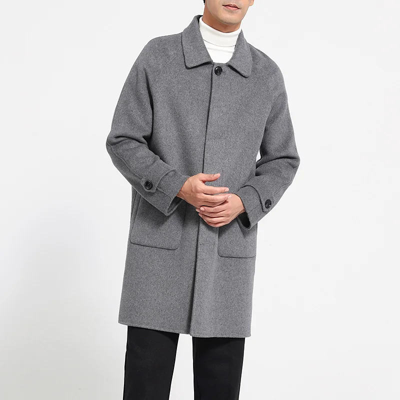 New Men'S Coat 100% Pure Wool Mid-Length Double-Sided Woolen Trench Coat Autumn And Winter Business Casual Raglan Sleeve Jacket