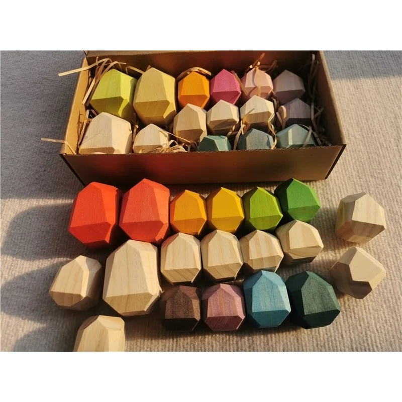 Wooden Toys Pine Rainbow Stacking Balance Stones Building Blocks Beech Pastel Gems for Kids Educational Play