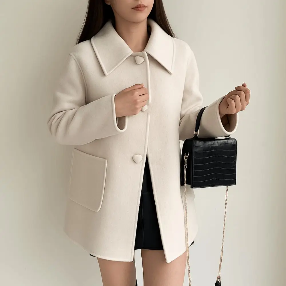 

Шерстяное пальто средней длины, женское пальто с пряжкой в форме сердца, шикарный кардиган с длинными рукавами, осень-зима, ветрозащитные пальто с откидным воротником, уличная одежда