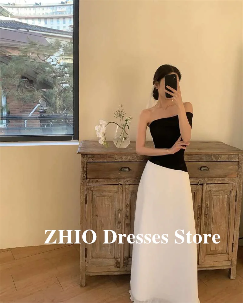 ZHIO Kontrastfarbe Schwarz-Weiß-Abendkleider für Hochzeit, Party, eine Schulter, formeller Anlass, Korea, Fotoshooting, individuell