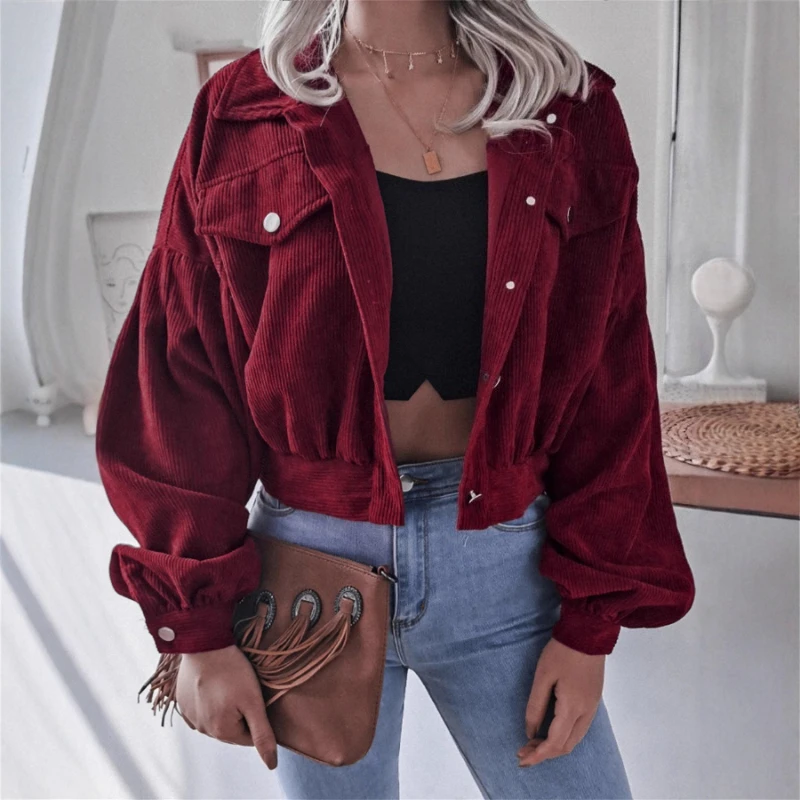 Women New Style Lantern Long-sleeved Corduroy Short Coat Ladies Autumn Winter Casual Short Jacket with Single-breasted Buttons