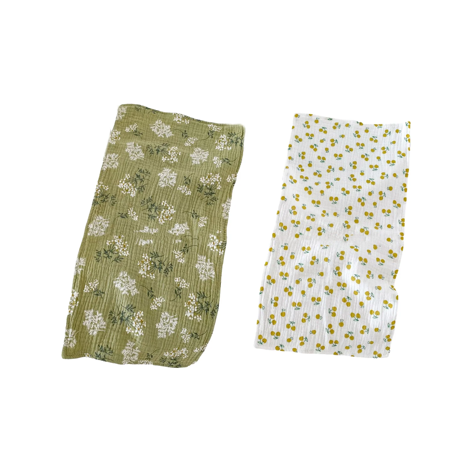

Newborn pure cotton gauze burp towel combination: full green flower + green and yellow cherry rectangular towel 2 packs