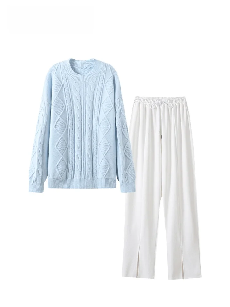 

Ladies plus Size Lazy Sle Knitted Set Long Sve Straight Leg Pants Autumn Winter New Arrival Comfortable Soft Polyester F...