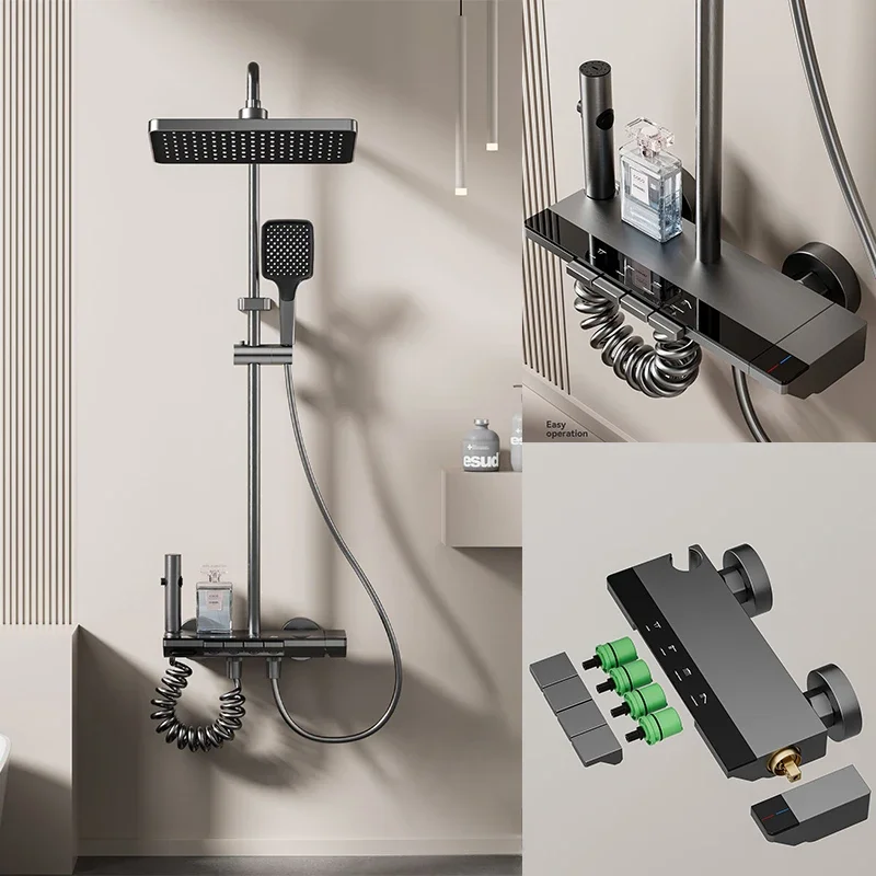 

4 Ways Water Outlet Piano Key Shower Full Set Wall Mount Rainlfall Pressurized Hot Cold Shower Faucet System for Bathroom
