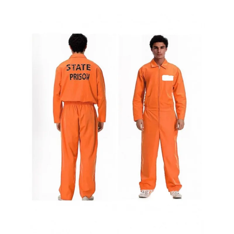 زي قنيمة الكبار زي سجين الهالوين التأثيري بذلة طية صدر السترة بأكمام طويلة قطعة واحدة زي Unitard للرجال باللون البرتقالي للسجن